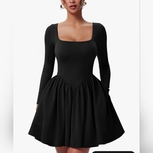 YMDUCH Women's Casual Long Sleeve Square Neck Back Belt A Line Ruffle Mini Dress